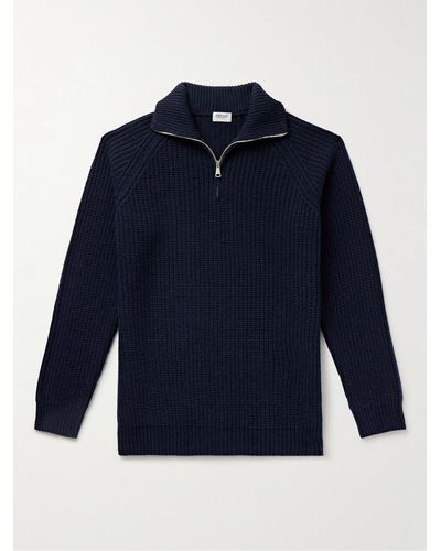 Ghiaia Pullover in lana a coste con mezza zip - Blu