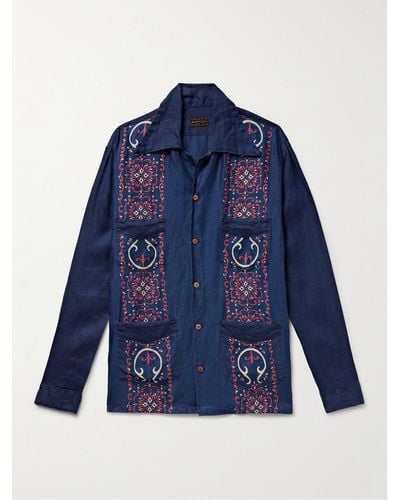 Kapital Camp-collar Indigo-dyed Printed Linen Shirt - Blue