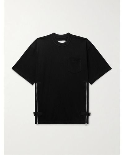 Sacai Grosgrain-trimmed Button And Zip-detailed Cotton-jersey T-shirt - Black
