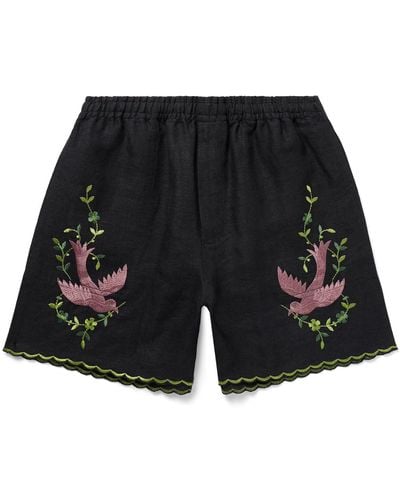Bode Rosefinch Straight-leg Embroidered Linen Shorts - Black