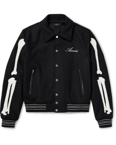 AMIRI Appliquéd Embroidered Wool-Blend Twill and Leather Varsity