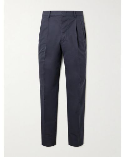 Umit Benan Slim-fit Pleated Cotton And Silk-blend Trousers - Blue