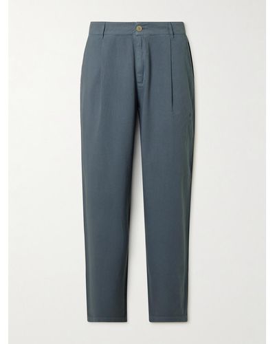 Folk Wide-leg Pleated Cotton-twill Trousers - Blue