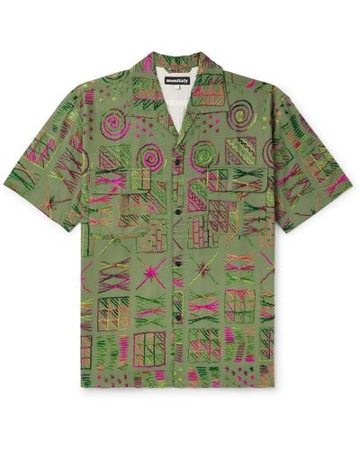 Monitaly 50's Milano Camp-collar Embroidered Cotton Shirt - Green