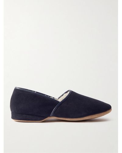 Derek Rose Crawford Leather-trimmed Shearling-lined Suede Slippers - Blue