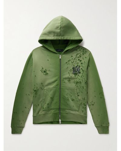 Amiri Distressed Logo-print Cotton-jersey Zip-up Hoodie - Green