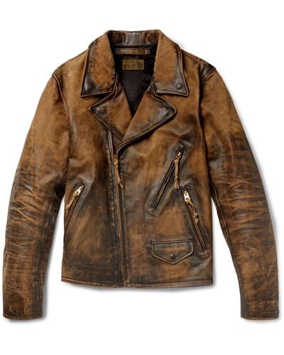 RRL Distressed Leather Biker Jacket - Brown