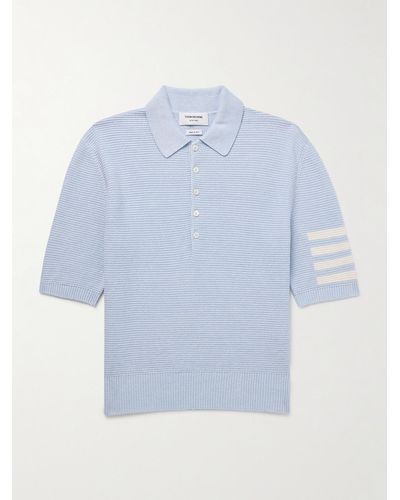 Thom Browne Intarsia-knit Striped Textured Linen And Cotton-blend Polo Shirt - Blue