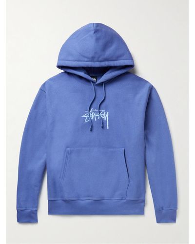 Stussy Logo-embroidered Cotton-blend Jersey Hoodie - Blue