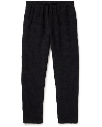 YMC Alva Tapered Crinkled Stretch-cotton And Wool-blend Drawstring Pants - Blue