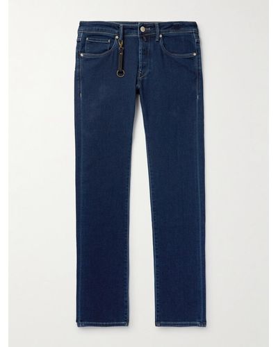 Incotex Leather-trimmed Straight-leg Jeans - Blue