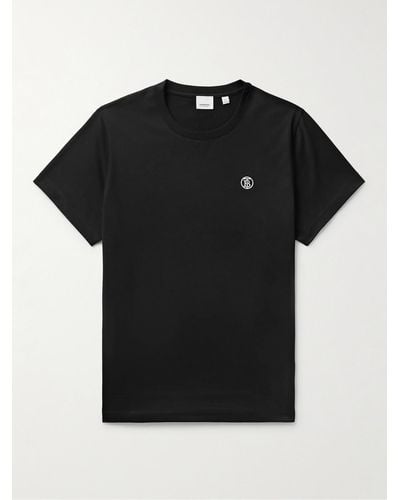 Burberry T-shirt in cotone con logo ricamato - Nero