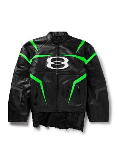 Balenciaga Racer Oversized Distressed Paneled Leather Jacket - Green