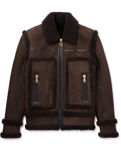Balmain Leather-trimmed Shearling Jacket - Brown