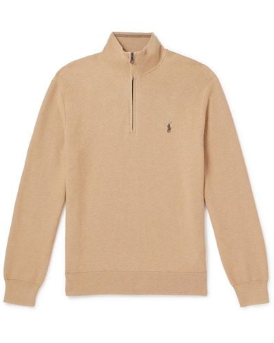 Polo Ralph Lauren Logo-embroidered Honeycomb-knit Cotton Half-zip Sweater - Natural