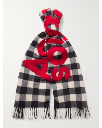 Acne Studios Sciarpa in misto lana a quadri con frange e logo applicato Veda - Rosso