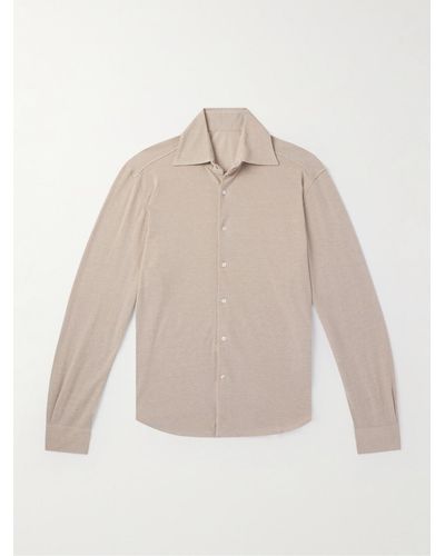 STÒFFA Spread-collar Cotton And Silk-blend Piqué Shirt - Natural