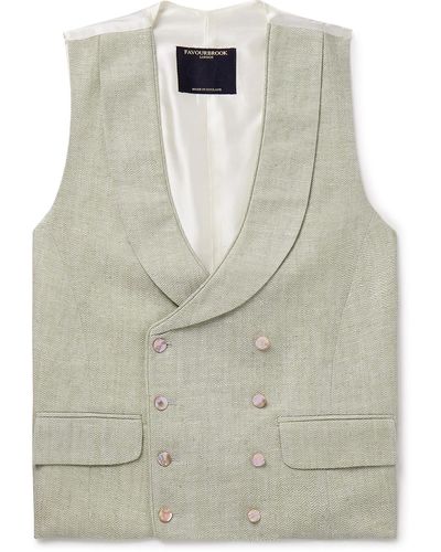 Favourbrook Shawl-collar Double-breasted Herringbone Linen And Silk-blend And Satin Waistcoat - Gray