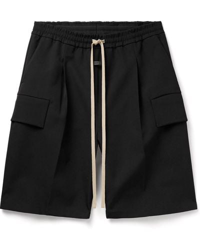 Fear Of God Straight-leg Pleated Wool And Cotton-blend Twill Drawstring Cargo Shorts - Black