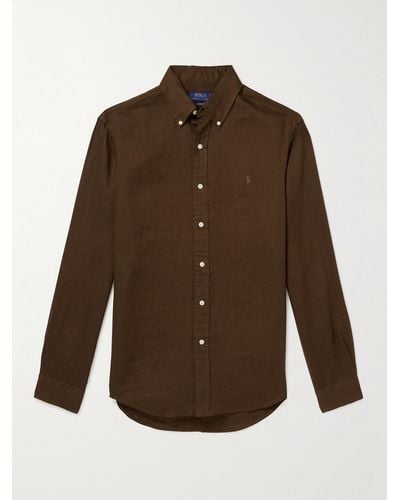 Polo Ralph Lauren Button-down Collar Logo-embroidered Linen Shirt - Brown