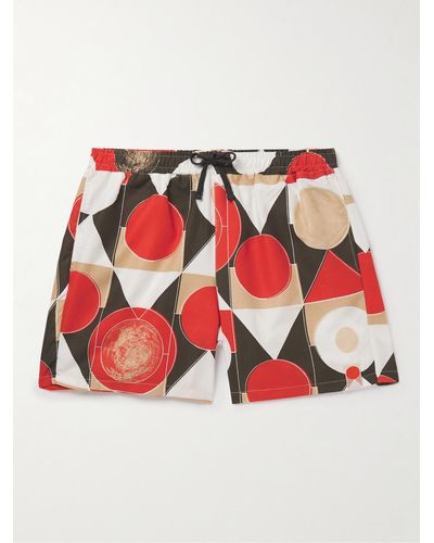 Folk Signal Straight-leg Mid-length Printed Swim Shorts - Red
