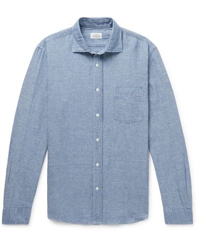 Hartford Paul Pat Pinstriped Slub Cotton And Linen-blend Shirt - Blue