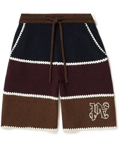 Palm Angels Wide-leg Logo-embrodered Crochet-trimmed Wool-blend Drawstring Shorts