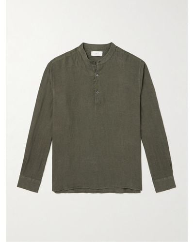 MR P. Mandarin-collar Garment-dyed Half-placket Linen Shirt - Green