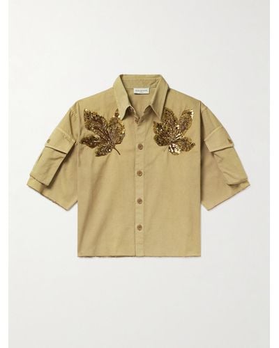 Dries Van Noten Embellished Cropped Frayed Cotton-gabardine Shirt - Metallic