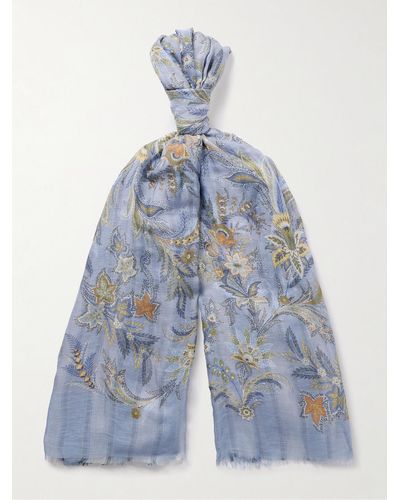 Etro Floral-print Striped Double-faced Modal-blend Voile Scarf - Blue