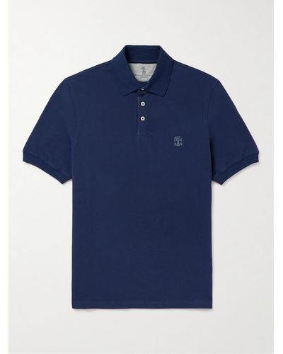 Brunello Cucinelli Polohemd aus Baumwoll-Piqué mit Logoprint - Blau