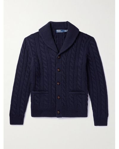 Polo Ralph Lauren Shawl-collar Cable-knit Wool And Cashmere-blend Cardigan - Blue