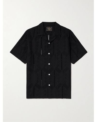 Portuguese Flannel Camp-collar Broderie Anglaise Cotton Shirt - Black