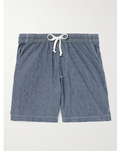 Save Khaki Easy Straight-leg Striped Cotton-chambray Drawstring Shorts - Blue
