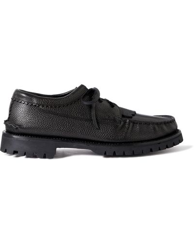 Yuketen Fringed Full-grain Leather Kiltie Boat Shoes - Black