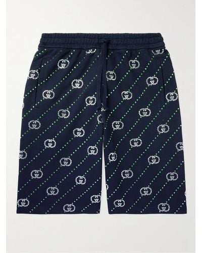 Gucci Wide-leg Crystal-embellished Cotton-jersey Drawstring Shorts - Blue