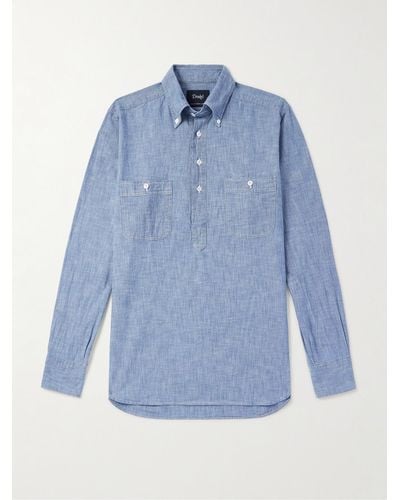 Drake's Cotton-chambray Half-placket Shirt - Blue