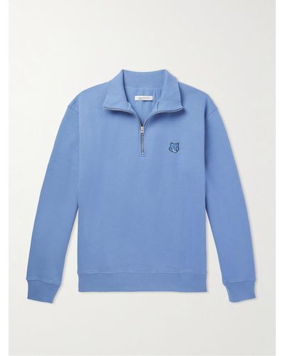 Maison Kitsuné Sweatshirt aus Baumwoll-Jersey mit Logoapplikation und kurzem Reißverschluss - Blau