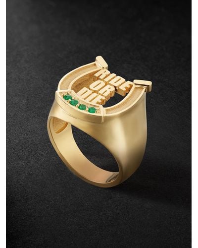 Established Anello a sigillo in oro 18 carati con smeraldi Ride or Die - Nero