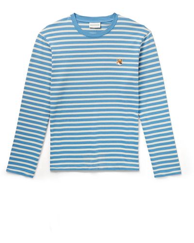 Maison Kitsuné Logo-appliquéd Striped Cotton-jersey T-shirt - Blue