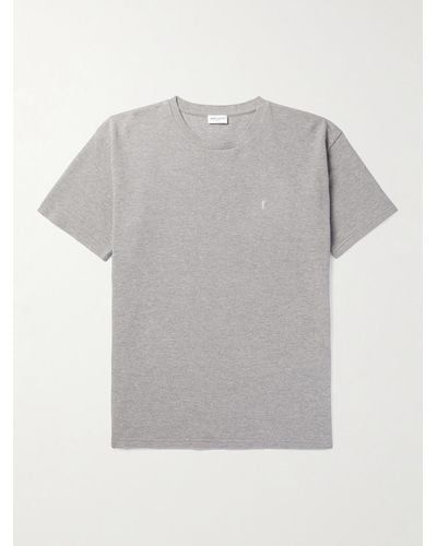 Saint Laurent T-shirt in misto cotone piqué con logo ricamato - Grigio