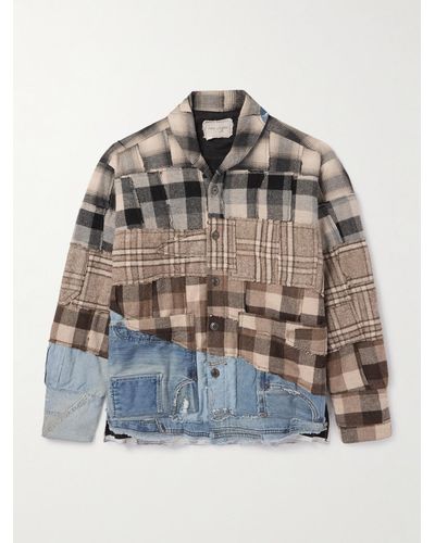 Greg Lauren Overshirt in flanella a quadri patchwork con finiture in denim - Blu