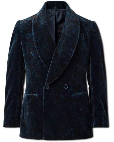 De Petrillo Positano Shawl Collar Double-breasted Paisley Cotton-velvet Tuxedo Jacket - Blue