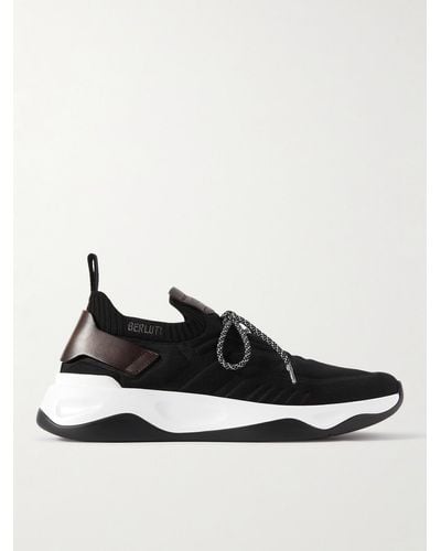 Berluti Shadow Venezia Leather-trimmed Stretch-knit Sneakers - White