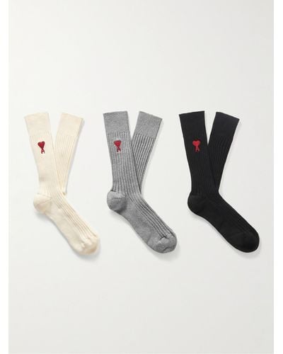 Ami Paris Three-pack Logo-embroidered Ribbed Cotton-blend Socks - Natural