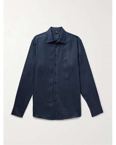 Etro Camicia slim-fit in lino con logo ricamato - Blu