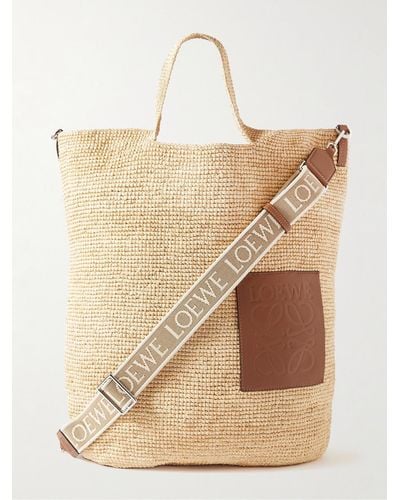Loewe Paula's Ibiza Tote bag grande in rafia con finiture in pelle e logo impresso - Neutro