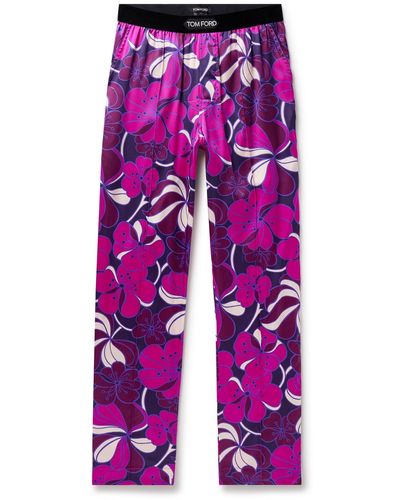 Tom Ford Straight-leg Velvet-trimmed Printed Stretch-silk Pajama Pants - Purple