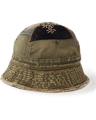 Kapital Distressed Embroidered Patchwork Cotton-twill And Shell Bucket Hat - Green