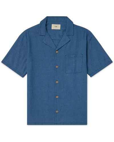 Folk Camp-collar Houndstooth Linen And Cotton-blend Shirt - Blue